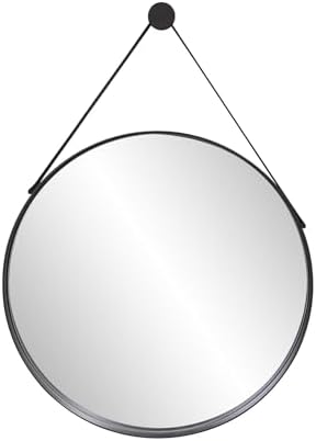 Howard Elliott Brushed Black Huntley Round Hanging Mirror with Stainless Steel Frame & Leather Strap, Decorative Circle Farmhouse Wall Hanging Mirror for Entryway, Bedroom & Living Room - 22.5 Inch