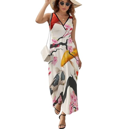 Robe longue d'été sans manches à motif poisson rouge col V pour femme