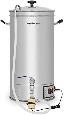 oneConcept Hopfengott Mash Kettle - Mash Tun, Home-Brewing System, 30-140 ° C, 500-1600 Watts, Circulating Pump, 4 Programmable Steps, Colour Display, Stainless Steel, Silver - 30 L