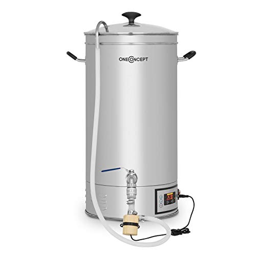 oneConcept Hopfengott Mash Kettle - Mash Tun, Home-Brewing System, 30-140 ° C, 500-1600 Watts, Circulating Pump, 4 Programmable Steps, Colour Display, Stainless Steel, Silver - 30 L