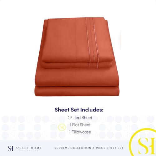 Image of Twin Sheets - Breathable Luxury Sheets with Full Elastic & Secure Corner Straps Built In - 1800 Supreme Collection Extra Soft Deep Pocket Bedding Set, Sheet Set, Twin, Rust