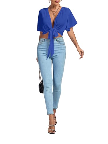 Image of LYANER Women's Sexy Deep V Neck Tie Front Wrap Cropped Blouse Bell Short Sleeve Ruffle Crop Tops