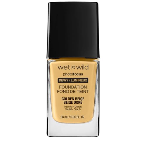 Wet n Wild - Photo Focus Foundation DEWY - Base Ligera, Hidratante y Supernutritiva para Pieles Normales y Secas - Atenúa las Imperfecciones y Minimiza los Poros - Vegano - Golden Beige - 1 Unidad
