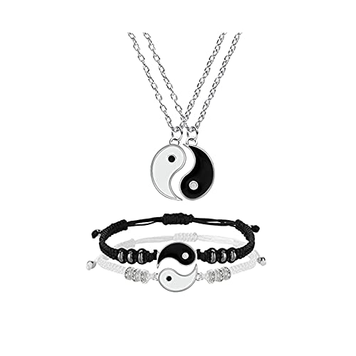 4 Pcs Yin Yang Chain Bracelets Necklaces Set Matching Yin Yang Adjustable Cord Bracelets Yin Yang Couple Pendant Necklace Dangle Earrings for Women Couple Friendship Jewelry(Silver)
