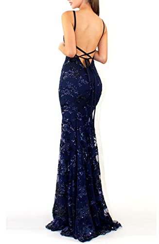 NLAVW Robe de soirée pour Femmes Rose Sexy col en V Profond Moulante Maille Fente Paillettes fête Bal Robe Formelle Robes Robes matures,Bleu,M