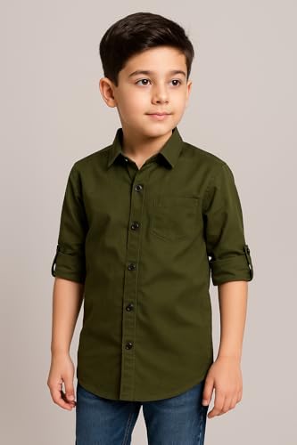 Image of Boys Kids Olive Green Cotton Shirt, Long Roll-Up Sleeves, Party, Age 2-5 Years