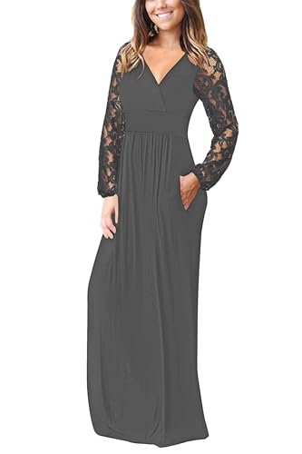Image of AUSELILY Womens Long Sleeve Maxi Dress 2026 Fall Lace Long Sleeve Dress V Neck Wrap Waist Long Dresses with Pockets