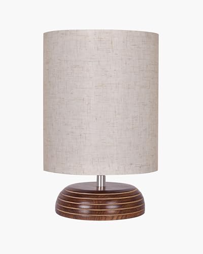 Image of Homesake Wooden Base Table Lamp with Fabric Drum Shade Aara | Warm Ambient Bedside Lamp for Bedroom, Living Room, Study, Office, Modern Classic Night Lamp Home Decor, (KD Khadi Shade)
