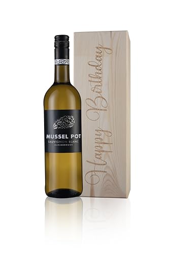 Mussel Pot White Wine Gift (Happy Birthday) Wooded Gift Box Sauvignon Blanc New Zealand 13% ABV