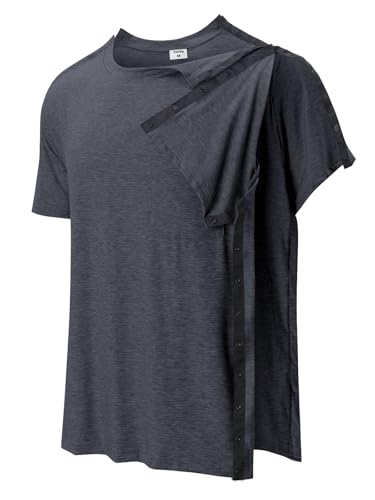 Image of Post Shoulder Surgery Shirts for Men Tear Away Recovery Short Sleeve Full Open Side Snap Chemo Adaptive Shirt
