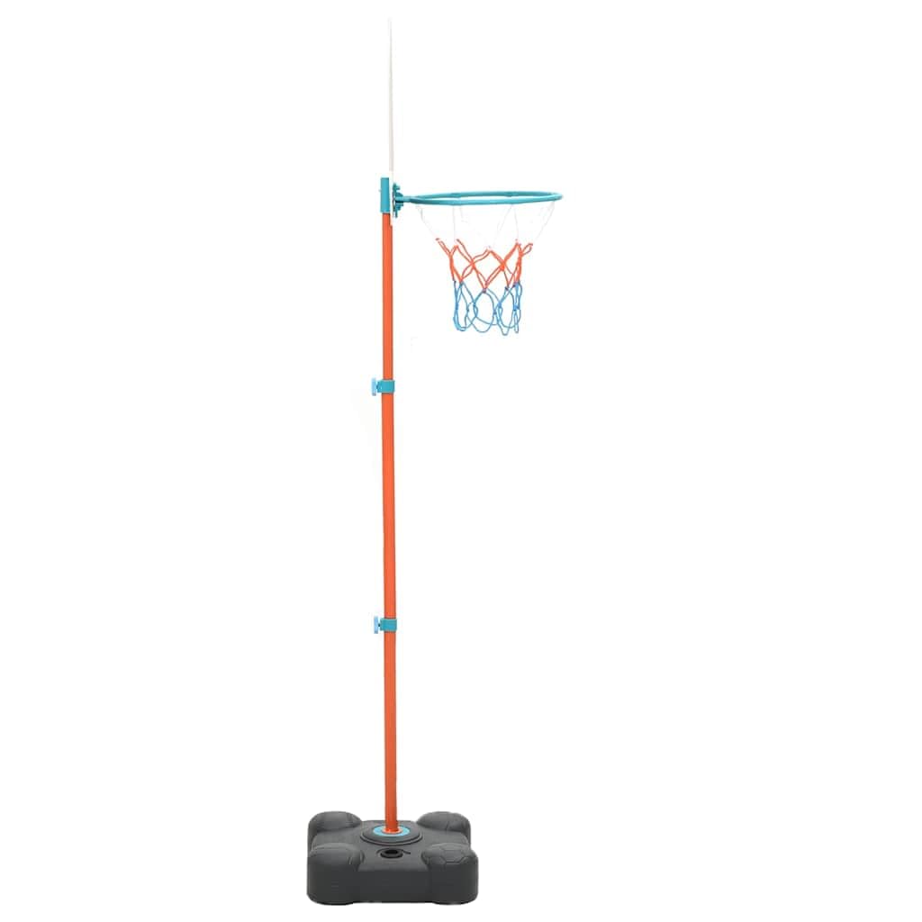 Przenośny zestaw do gry w koszykówkę dla dzieci, regulacja wysokości 109-141 cm, z podstawką, pierścieniem z tworzywa sztucznego, siatką, piłką i pompką, idealny do użytku wewnątrz i na