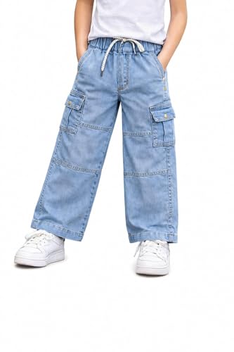 Image of Boys Straight Fit Premium Denim Jeans with Elastic Waist & Adjustable Drawstring Soft Wash Beggy Denim Jeans Comfortable Casual Loose Fit