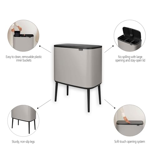 Image of Brabantia Bo Touch Bin 3 x 2.4 Gallon /11L (Soft Gray), Triple-Container Trash Can for Kitchen, Soft-Touch Garbage Can with 3 Inner Buckets and Raised Base