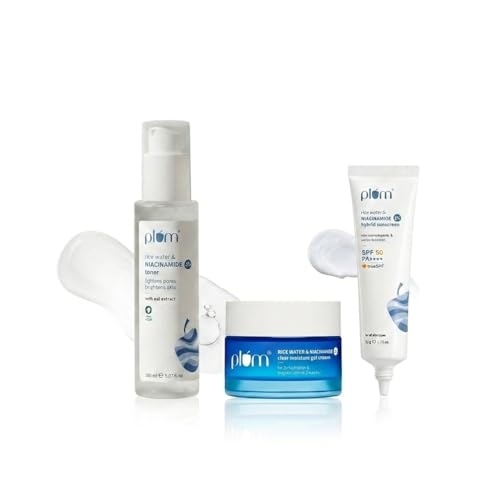 Image of Plum Niacinamide & Rice Water Glow & Protect Trio | Toner 150ml, Moisturizer 50g & SPF 50 Sunscreen 50g | Brightening Skincare Routine
