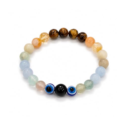 Image of Mithun (Gemini) Rashi Bracelet | Tiger's Eye, Citrine, Amazonite, Blue Lace Agate, Fluorite, Evil Eye | Boosts Intellect, Adaptability, Communication & Clear thinking | For Men & Women