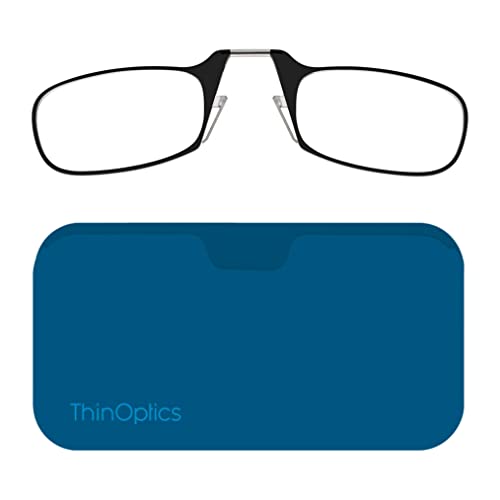 ThinOptics Reading Glasses 2.00 Black Frames with Blue Universal Pod Compact Case - Ultra-light Foldable Rectangular Glasses - Clip-on Nose - 2.00 Strength with Flex-Fit Technology