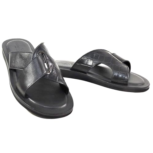 Men's Black Leather Comfort Sandals, Cross-Strap Design, European Size 42, Summer Casual Slip-On