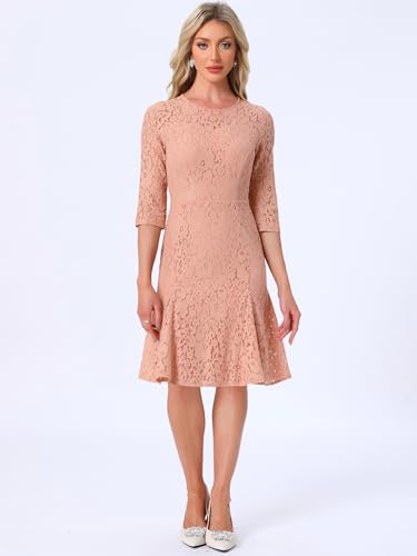 Image of Allegra K Women Elegant Lace Ruffles 3 /4 Sleeves Bodycon Fishtail Dress | Slightly stretchy. Invisible zipper. Floral ruffled hem. Cocktail, Evening, Party, Date. Feminine charm.