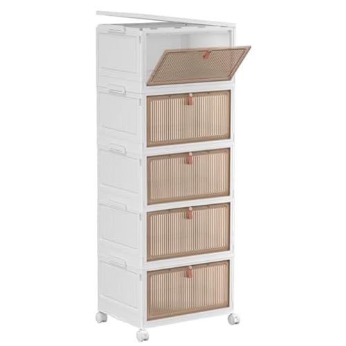 Bacs de rangement pliables avec couvercle, roulettes et porte magnétique, organiseur ABS empilable et pliable pour cuisine, vestiaire, salon et bureau (5 niveaux)