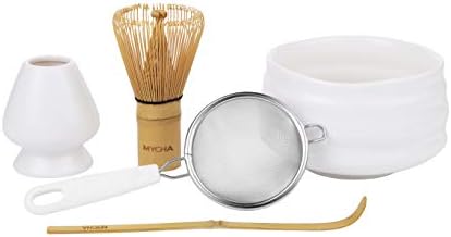 MYCHA Matcha Tea Set, Japanese Tea Set, Matcha Whisk, Traditional Scoop, Matcha Bowl, Ceramic Whisk Holder,Sifter,Handmade Matcha Ceremony Kit For Traditional Japanese Tea Ceremony (White)