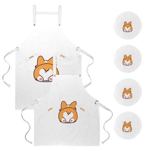 Lot de 2 tabliers de cuisine Corgi multicolores avec 4 broches pour restaurant