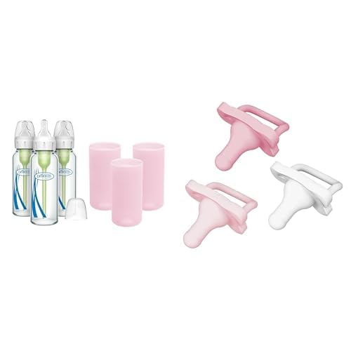 Dr. Brown's Anti-Colic Options+ Narrow Glass Baby Bottles 8oz and Level 1 Slow Flow Nipple, 3-Pack 0m+ and Pink Silicone Sleeves and HappyPaci 100% Silicone Pacifier 3 Pack LightPink/Pink/White