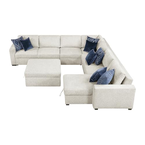 Lexicon 140 Inch Sectional Couches for Living Room-Modular Sectional Sofa, Pull Out Bed, Storage Ottoman, 8 Pillows, Reversible Storage Chaise, Adjustable Backrests, U Shaped 7 Seater, Fabric Beige - Image 10