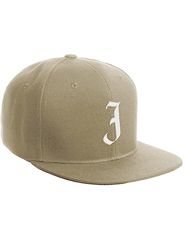 Daxton Classic Snapback Hat Old English Font Alphabet A to Z Flat Bill Visor Cap, Khaki Hat, White J