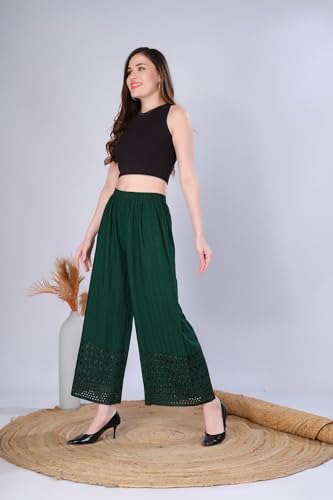 Image of VIVIKA Chikankari Palazzo Pants for Women |Rayon Wide Leg Ethnic Palazo with Embroidery | Comfortable Elastic Waist Women's Palazzo for Casual, Festive & Office Wear
