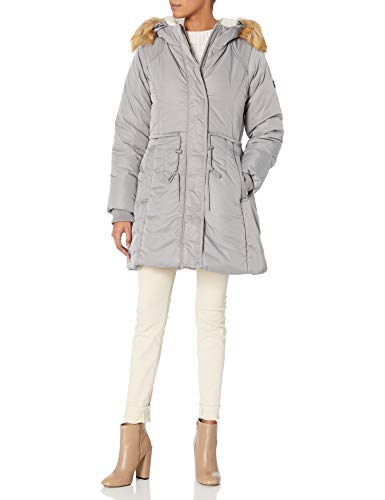 Jessica Simpson Women's Parka Jacket, Sherpa Hood Ice Grey, L