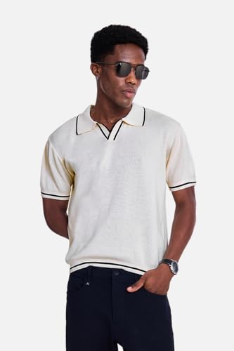 Image of SNITCH Men Polo T-Shirt | Textured Knit V-Neck with Tipping, Pullover Half Sleeve | 100% Cotton Breathable Luxe Knit Resort Wear Casual Top