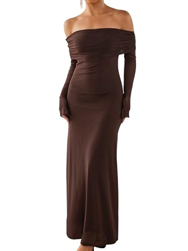 KUTUMAI Women Off Shoulder Bodycon Maxi Dress Long Sleeve Mesh Ruched Party Formal Wedding Guest Dresses