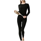 Women's Cotton Base Layer Set Lightweight Fleece Lined Thermal Warm Underwear Solid Long John Top & Bottom Sets Black