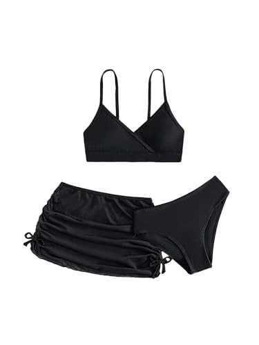 COZYEASE Girls' 3 Piece Plain Swimsuit Wrap Bikini with Ruched Cover Up Skirt Set