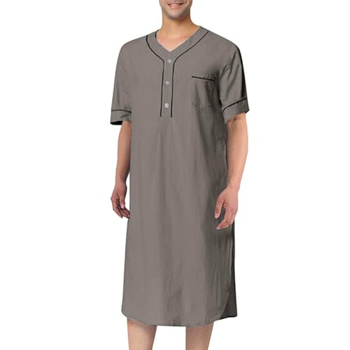 Mens Cotton Nightshirt Long Sleeve Thin Henley Neck Button Long Sleepwear Soft Nightgown for Sleeping Sleep Shirt