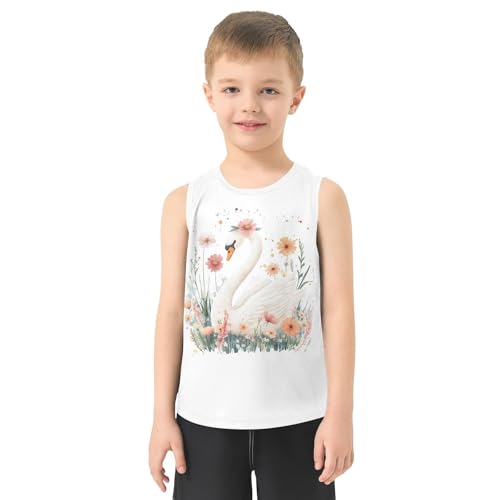 Boys Tank Top Shirts Watercolor Swan White Flower Sleeveless T-Shirts Crew Neck for Kids Clothing Children2