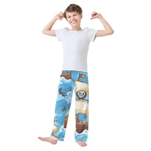Pirate Ship and Bird Boys Long Pants Soft Trousers Elastic Waist Kids Lounge Bottoms with Pockets S-XL3