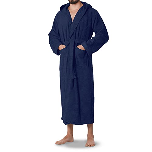 OAHOO Damen und Herren Frottee Bademantel mit Kapuze (1 Stück) Extra-langer Schnitt - Navy XL