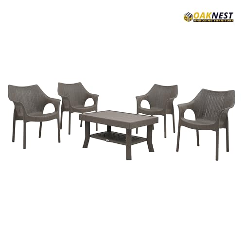 Image of Oaknest Supreme Cambridge with Vegas Plastic Outdoor Chair and Table Set | 4 Rattan Chairs + 1 Table | Weatherproof, Lightweight | Garden & Patio Use Champagne