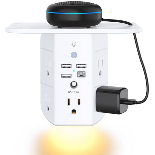 Wall Outlet Extender with Shelf and Night Light, Surge Protector, Wall Mount Charger Multi Plug Expander with 5 AC Outlets and 3 USB A Ports 1 USB C, Wide Space 3-Sided Power Strip Multi Plug Outlets