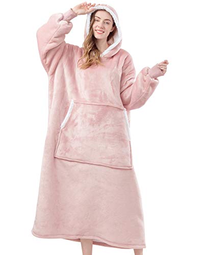 HBlife Oversized Wearable Blanket Hoodie for Adult, Sherpa Blanket Sweatshirt with Sleeves & Giant Pockets Super Warm and Cozy Blanket, Pink