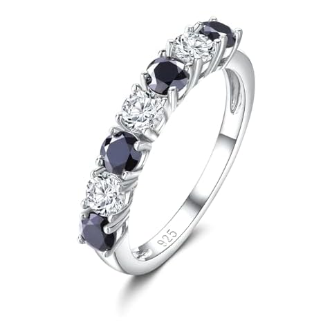 DAYBYDAY Black Diamond Ring 925 Sterling Silver Black Stone Rings for Women 7 Stone Moissanite Wedding Band Half Eeternity Band Ring Size 7 Cover