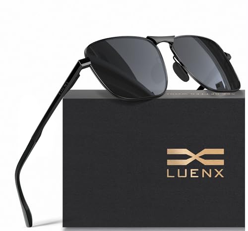LUENX Rectangular Aviator Polarized Sunglasses Square Retro 100% UV Protection Black Frame...