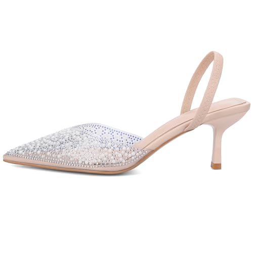 Image of YIYA Women's Clear Slingback Heels with Pearl Studded Pointed Toe Kitten Mid Heels Sparkly Rhinestone Slip On Wedding Party Shoes
