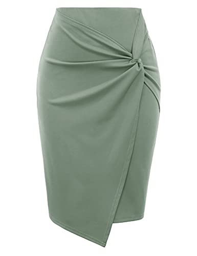Kate Kasin Wear to Work Pencil Skirts for Women Elastic High Waist Wrap Front Knee Length Bodycon Skirt Tummy Control Gray Green