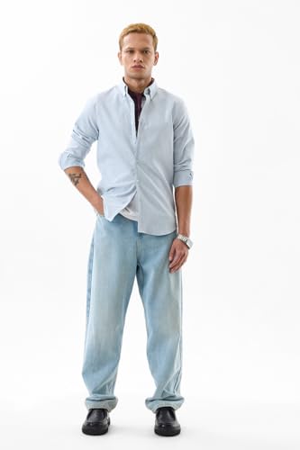 Image of SNITCH Men's Casual Luxe Shirt | Slim Fit Full Sleeve Button-Down Collar Striped Design | Premium Polyester Blend & Smooth Woven Fabric for Everyday & Semi-Formal Wear