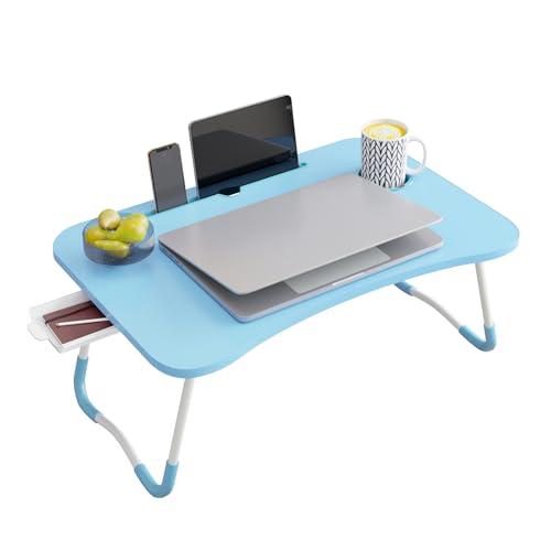 Superlele Blue Bed Frame Table with Folding Legs and Phone Holder, Breakfast Tray, Easy to sort, Easy to Store, Space-Saving, Easy to Access