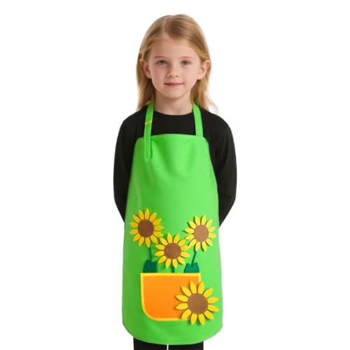 Alaoo Gärtnerschürze DIY Gartenschürze Kostüm Grün Gärtnerin Kostüm mit Sonnenblumen- und Wiese Applikationen Unisex Design für Karneval und Mottopartys (Kinder)