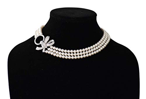 Triple Strand Swarovski White Pearl Necklace For Women Silver Plated Cubic Zirconia Pendant Clasp Jewerly Gift For Women - Galinapearls