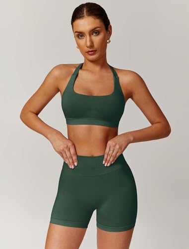 Image of ABOCIW Workout Sets for Women 2 Piece seamless Halter Sports Bra Scrunch Butt Impact Shorts Gym Yoga Outfits